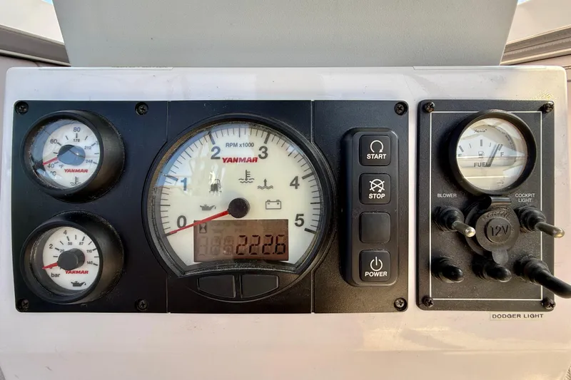Nereid Yacht Photos Pics Control panel of a 2020 Catalina 425 sailboat with Yanmar engine gauges and switches.