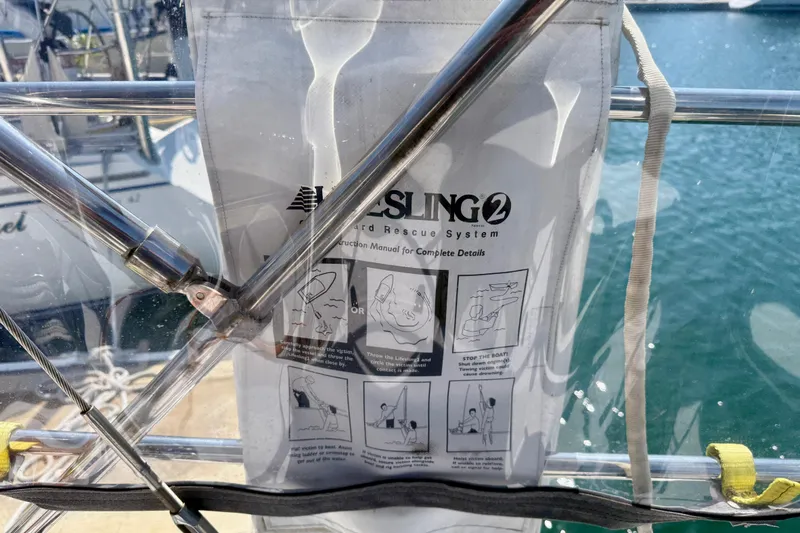 Nereid Yacht Photos Pics Man overboard rescue system on Catalina 425 yacht, 2020 model, with safety instructions visible.