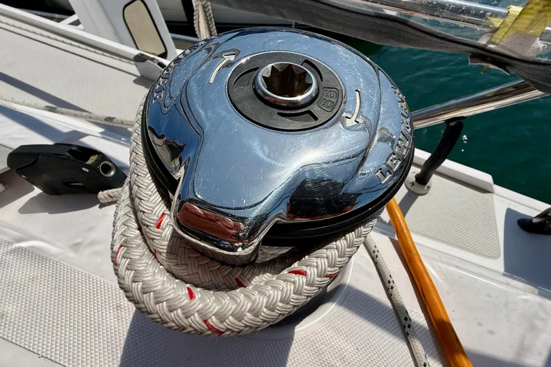Nereid Yacht Photos Pics Chrome winch on Catalina 425 sailboat, 2020 model, with braided rope and deck details.