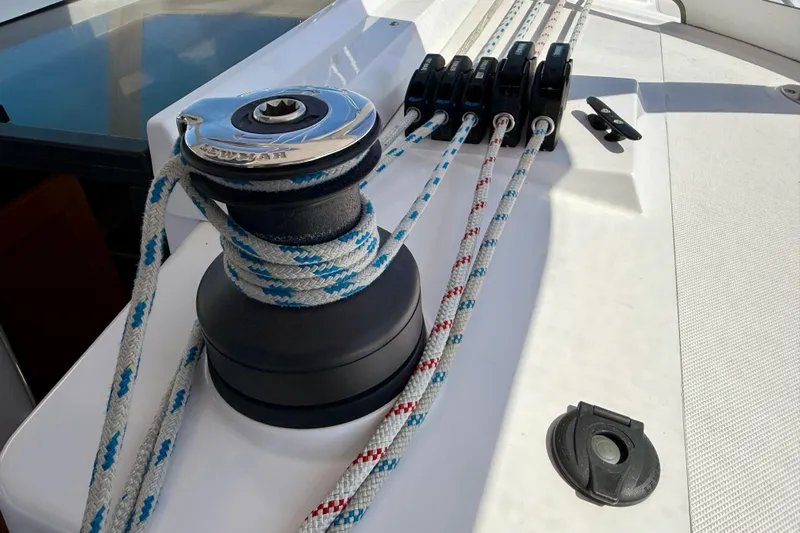 Nereid Yacht Photos Pics Winch and ropes on a 2020 Catalina 425 sailboat deck.