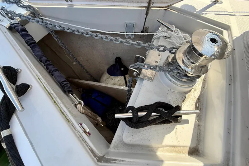 Nereid Yacht Photos Pics Anchor locker of 2020 Catalina 425 sailboat with winch and ropes.