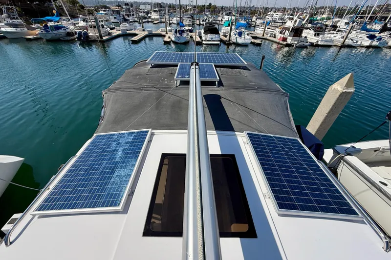 Nereid Yacht Photos Pics Catalina 425 sailboat with solar panels docked at marina, 2020 model.