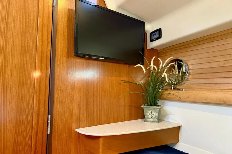 Nereid Yacht Photos Pics Interior of 2020 Catalina 425 yacht with TV, wooden paneling, and decorative plant.