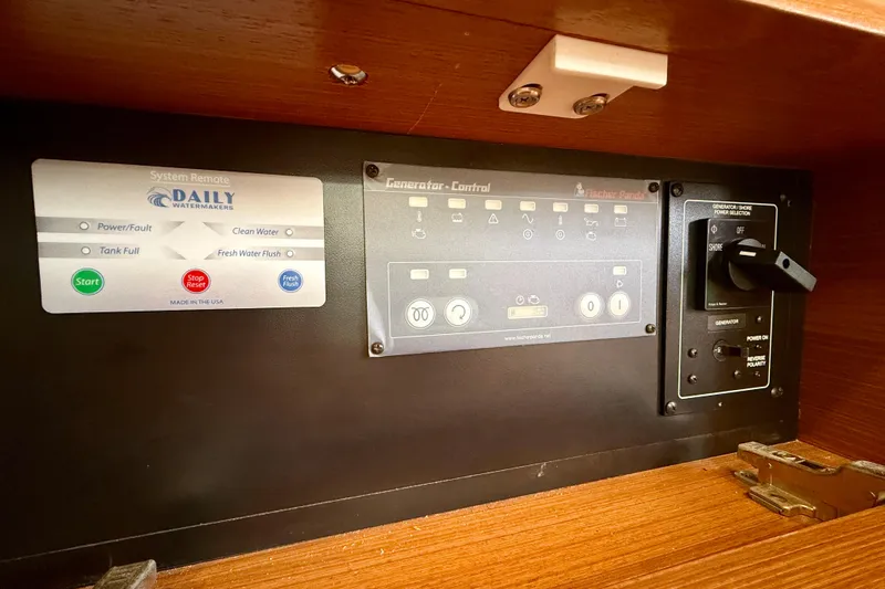 Nereid Yacht Photos Pics Control panel of a 2020 Catalina 425 yacht with generator and watermaker systems.