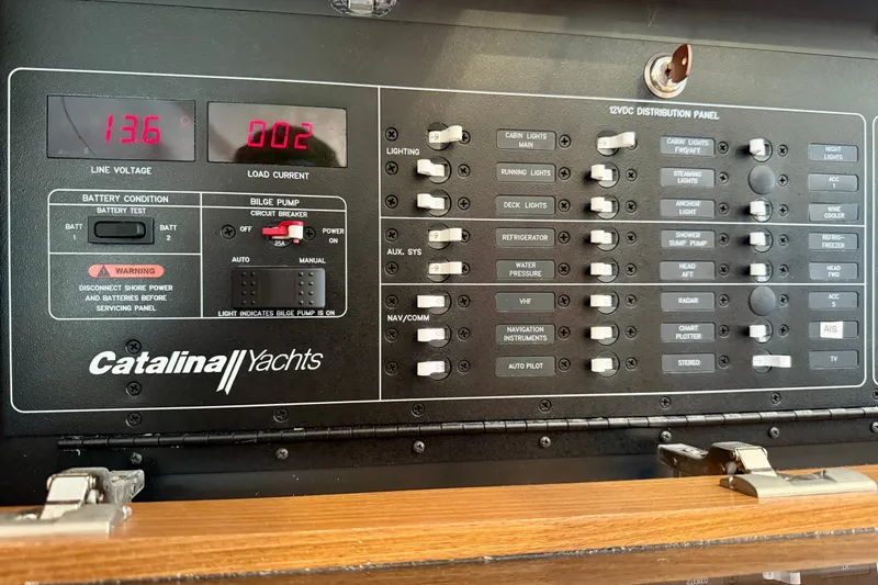 Nereid Yacht Photos Pics Catalina 425 yacht electrical panel with switches and voltage display, 2020 model.