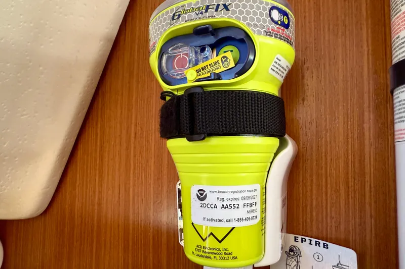 Nereid Yacht Photos Pics EPIRB device mounted on a Catalina 425 yacht, 2020 model, for emergency signaling.