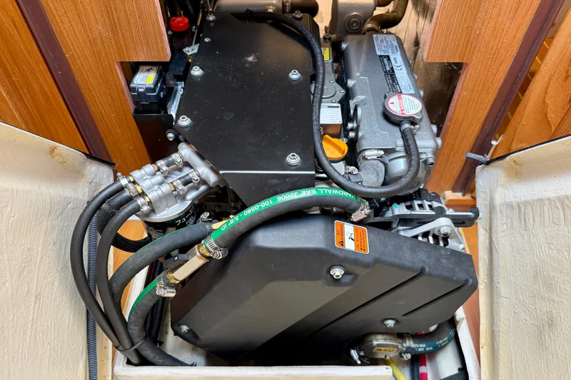 Nereid Yacht Photos Pics Engine compartment of a 2020 Catalina 425 sailboat, showcasing detailed mechanical components.