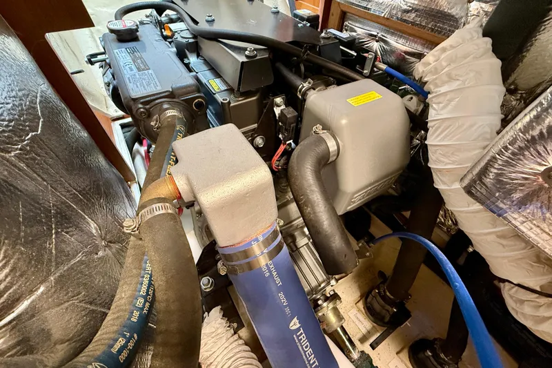 Nereid Yacht Photos Pics Engine compartment of a 2020 Catalina 425 sailboat, showcasing detailed mechanical components.