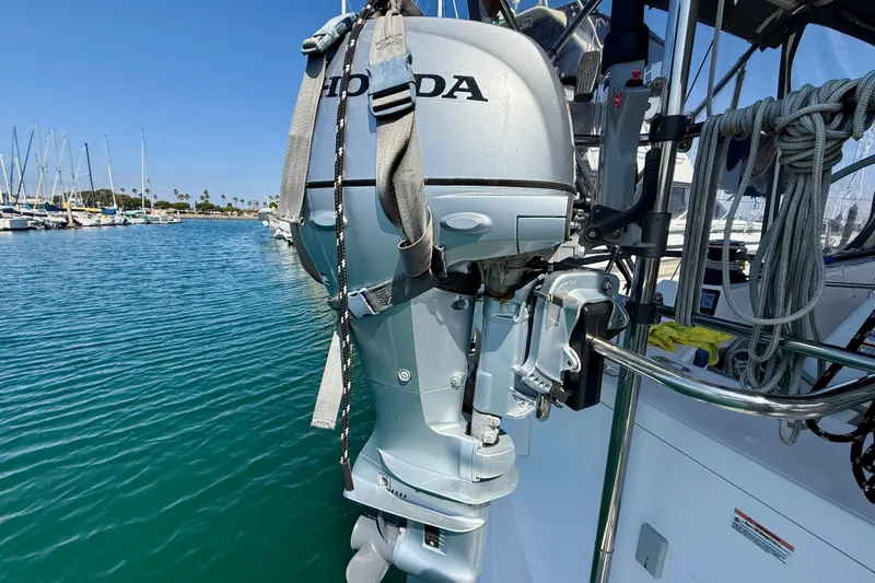 Nereid Yacht Photos Pics Catalina 425 sailboat with Honda outboard motor, docked in a marina, 2020 model.