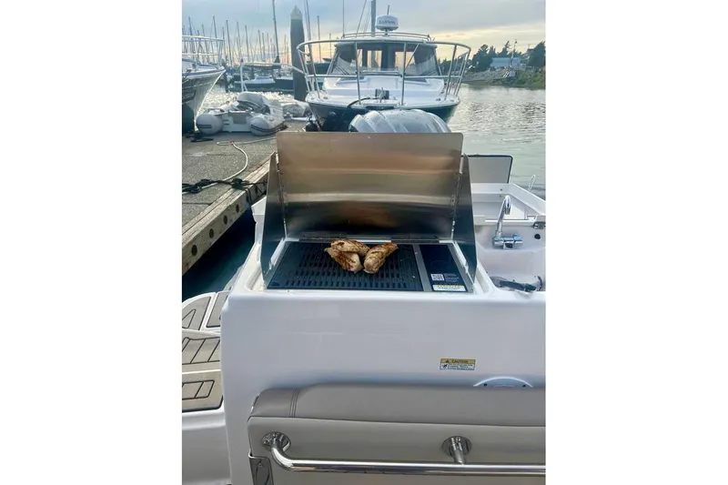  Yacht Photos Pics 2025 Cutwater C-248 Coupe with onboard grill, docked at marina.