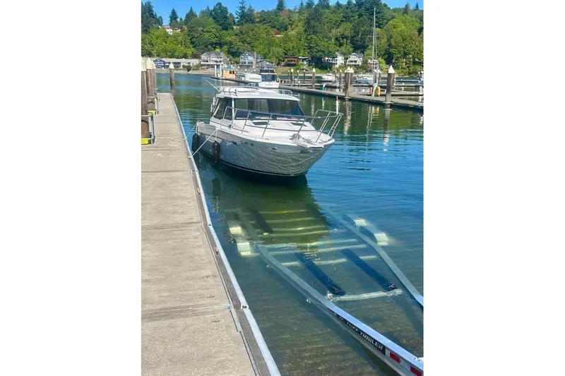  Yacht Photos Pics 2025 Cutwater C-248 Coupe docked at a marina, surrounded by calm water and greenery.