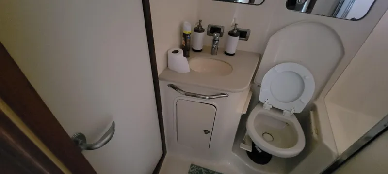  Yacht Photos Pics Compact bathroom in 2004 Sea Ray 480 Sedan Bridge yacht with sink and toilet.