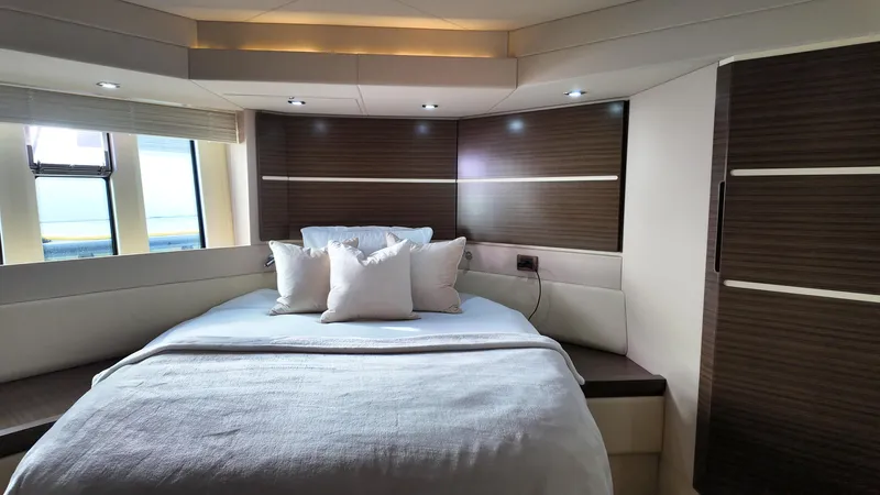  Yacht Photos Pics Luxurious bedroom interior of 2015 Azimut 54 Fly yacht with modern design.