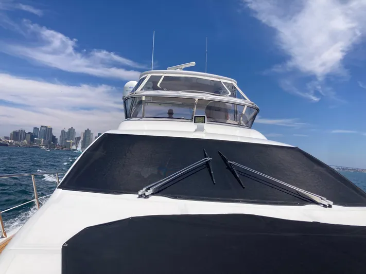 Yacht Photos Pics Azimut 54 Fly yacht cruising near city skyline under clear blue sky, 2015 model.