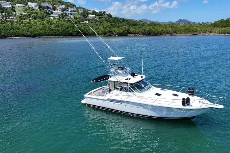  Yacht Photos Pics 1999 Tiara Yachts 4100 Open cruising in clear blue waters near lush green coastline.