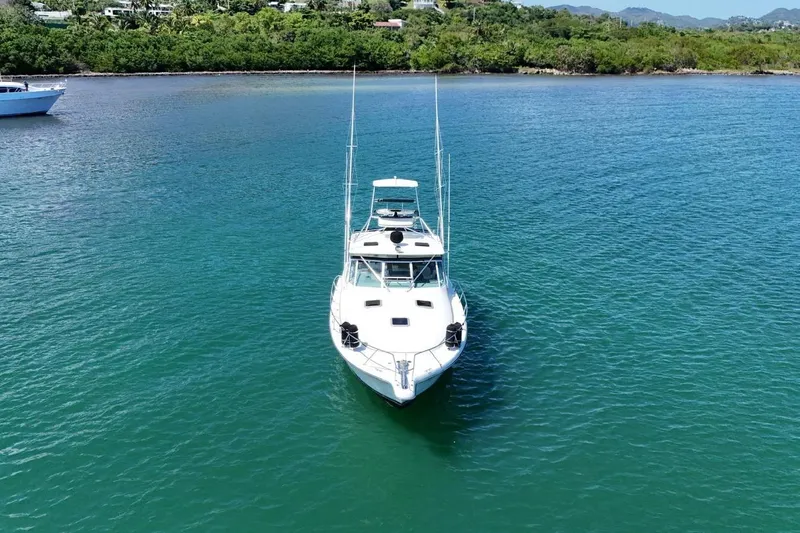  Yacht Photos Pics 1999 Tiara Yachts 4100 Open on calm water, lush shoreline in background.