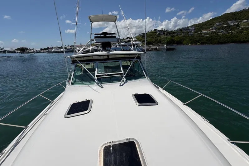  Yacht Photos Pics 1999 Tiara Yachts 4100 Open on calm water, showcasing sleek design and spacious deck.