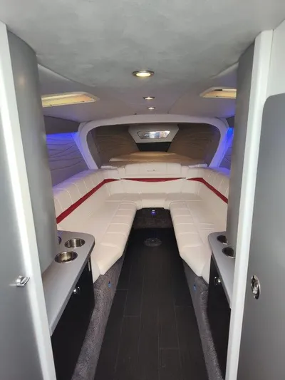  Yacht Photos Pics Interior of a 2015 Formula 382 FASTech boat with modern seating and ambient lighting.