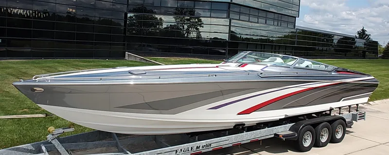  Yacht Photos Pics 2015 Formula 382 FASTech speedboat on trailer, sleek design with modern graphics.