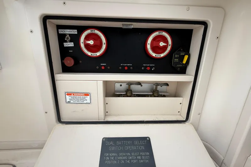 Get Bent Yacht Photos Pics Control panel of a 2005 Grady-White Express 330 boat with dual battery switches.