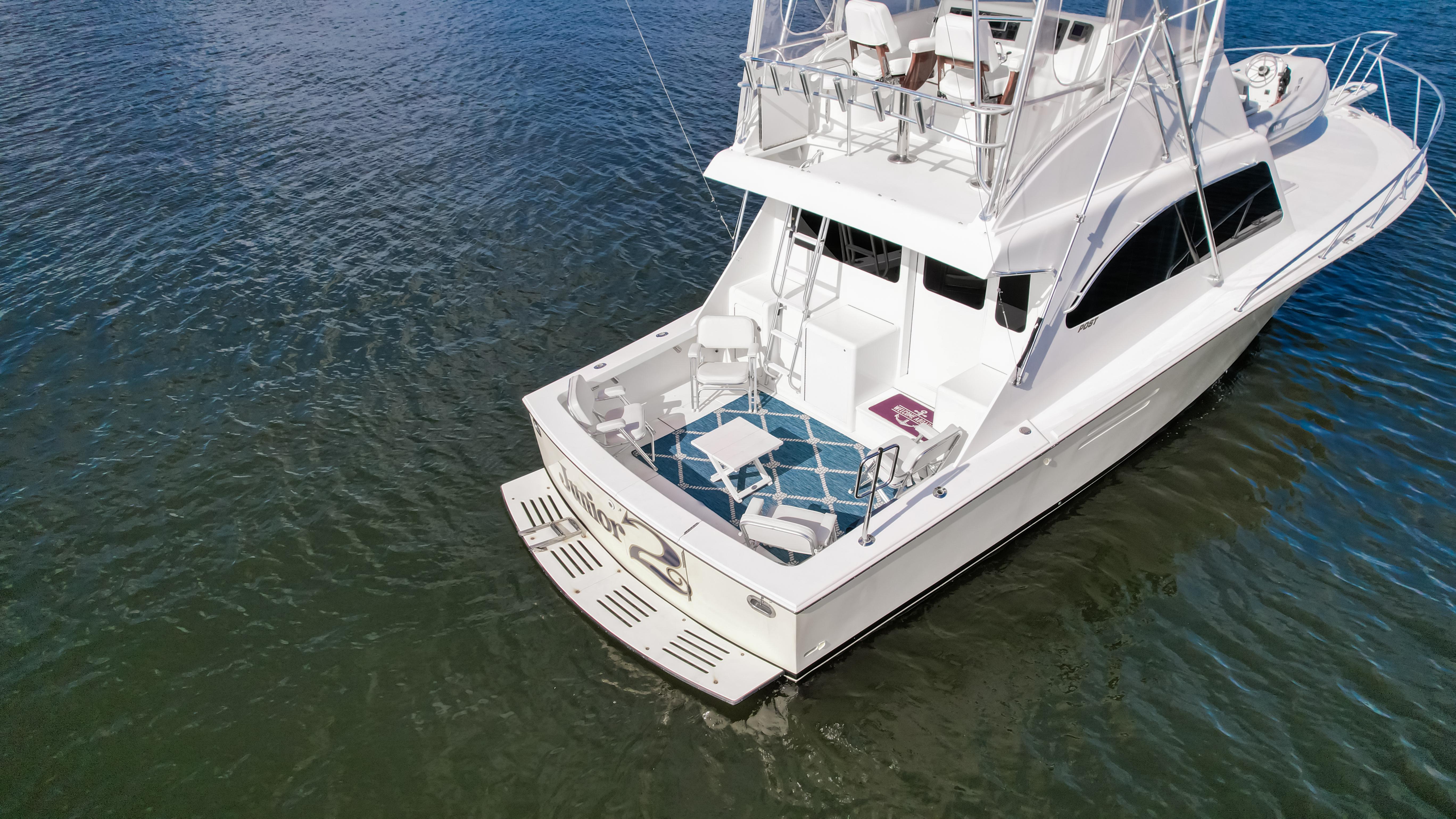 Aerial view of 2008 Post 42 yacht on calm water.