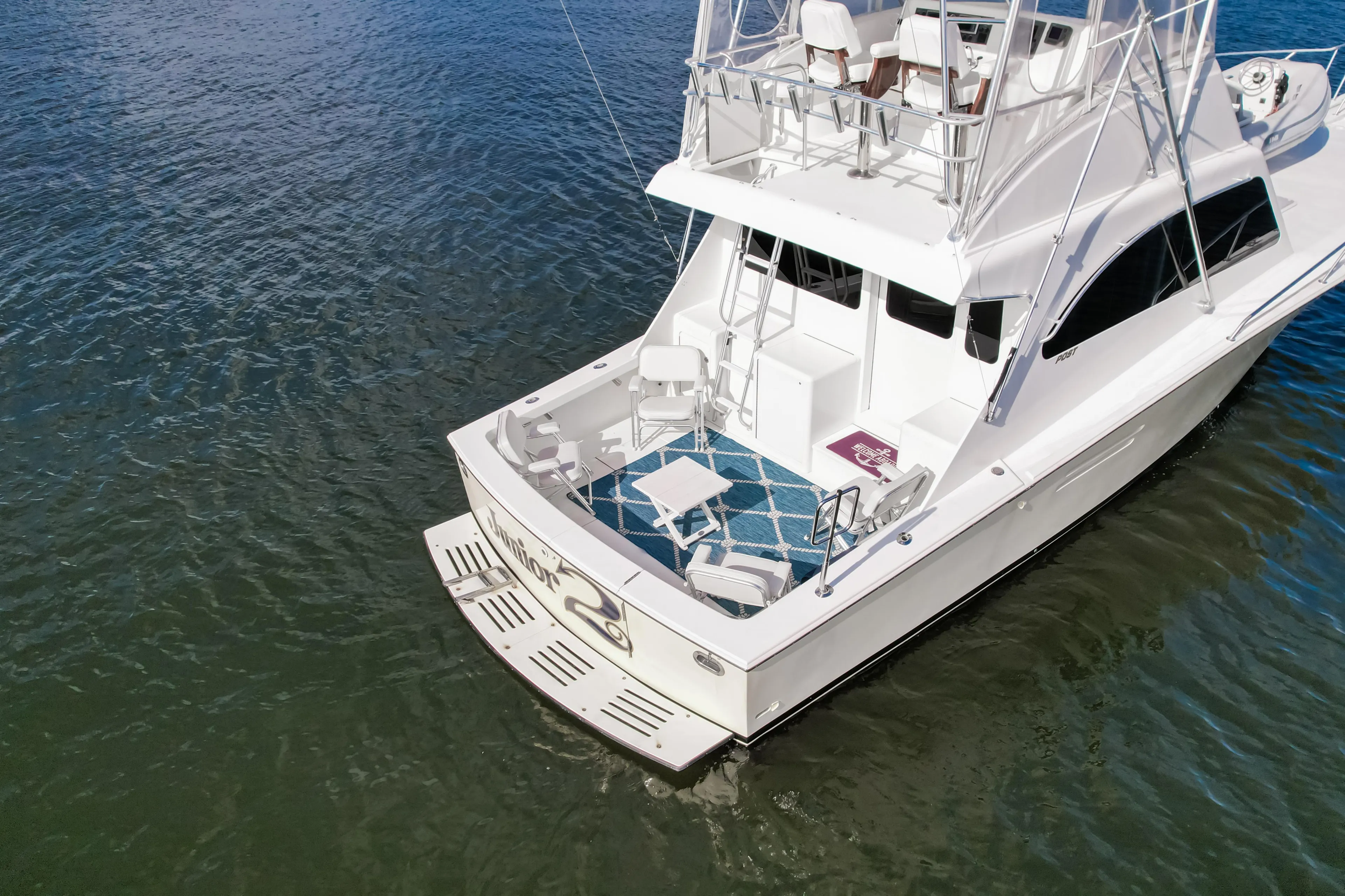 Aerial view of 2008 Post 42 yacht on calm water.