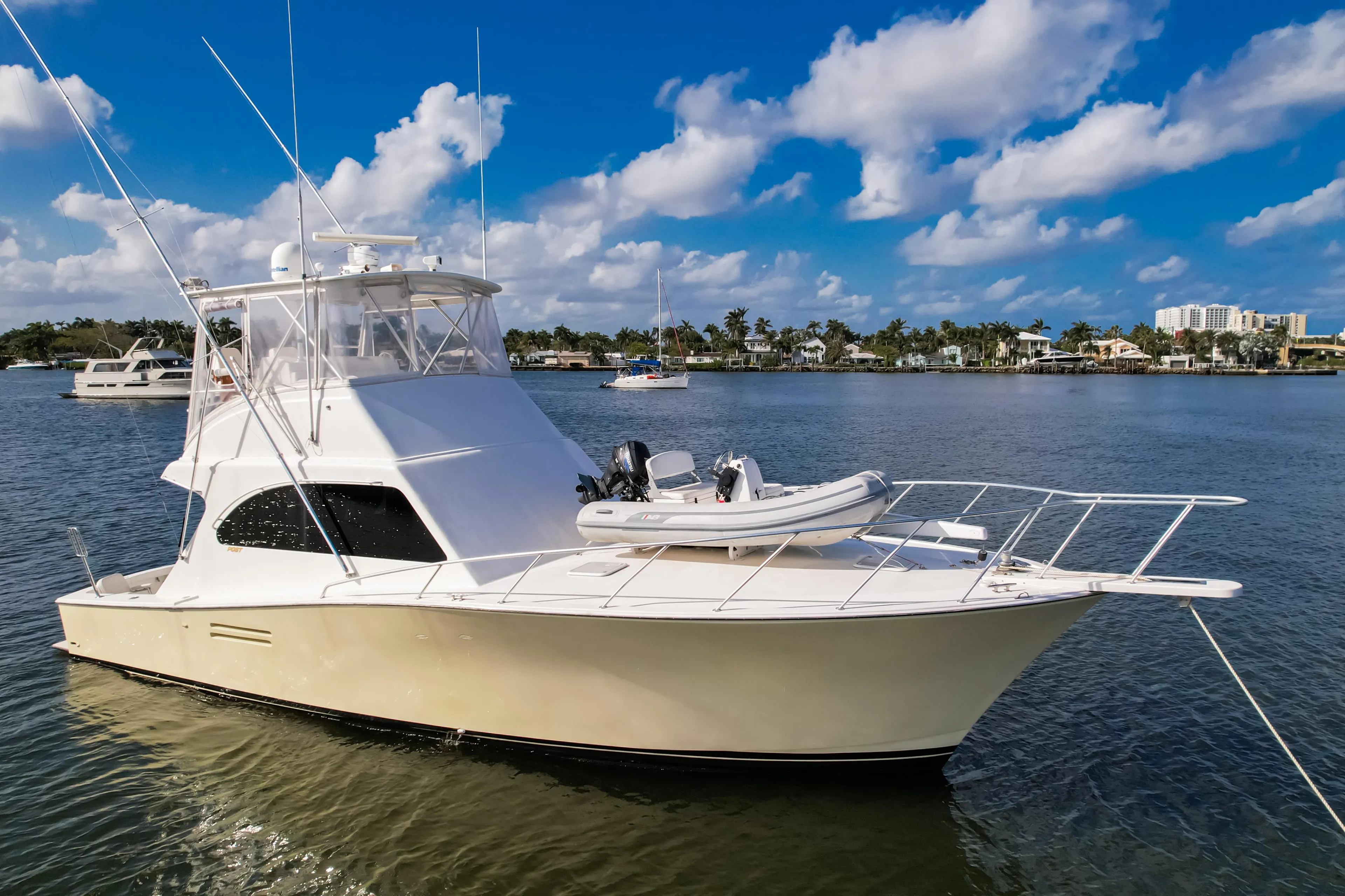 Luxury Post 42 yacht from 2008 on calm waters under a blue sky.