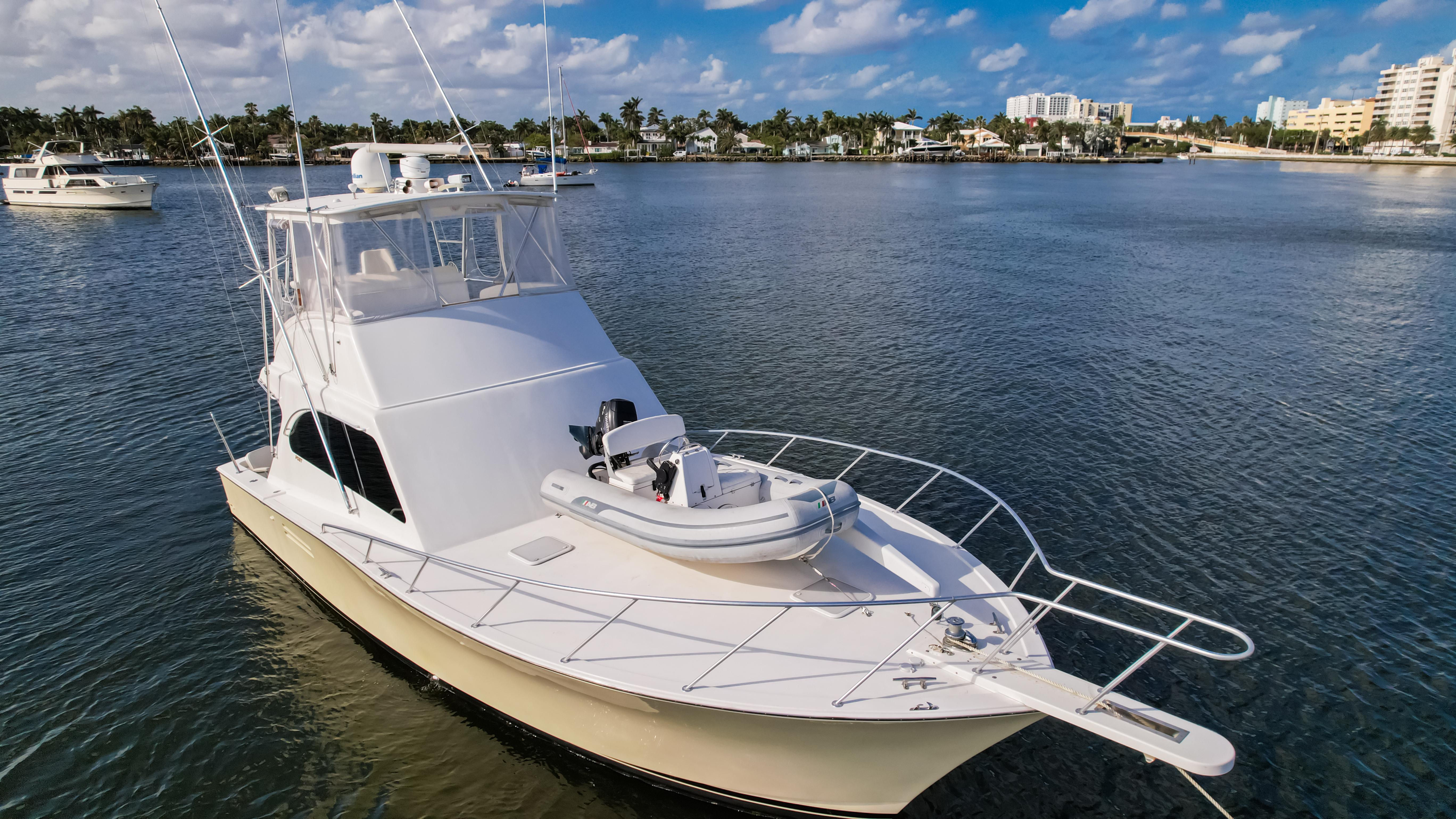Luxury 2008 Post 42 yacht on calm waters under a blue sky.