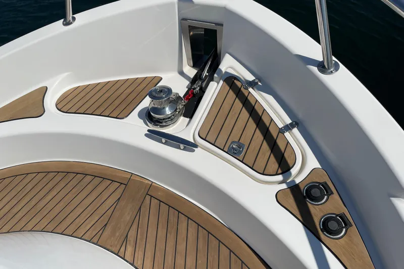  Yacht Photos Pics Deck of 2007 Fathom Yachts 40 with wood accents and winch.