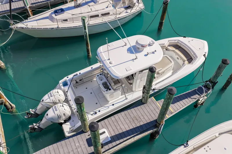  Yacht Photos Pics Aerial view of a 2017 Boston Whaler 280 Outrage in harbor.