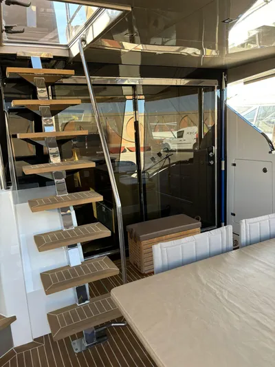  Yacht Photos Pics Interior of 2018 Guy Couach 1900 yacht with modern staircase and seating area.