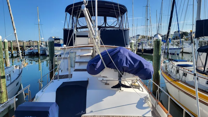 Maia Yacht Photos Pics 1989 Grand Banks 42 Classic yacht docked in marina, surrounded by sailboats.