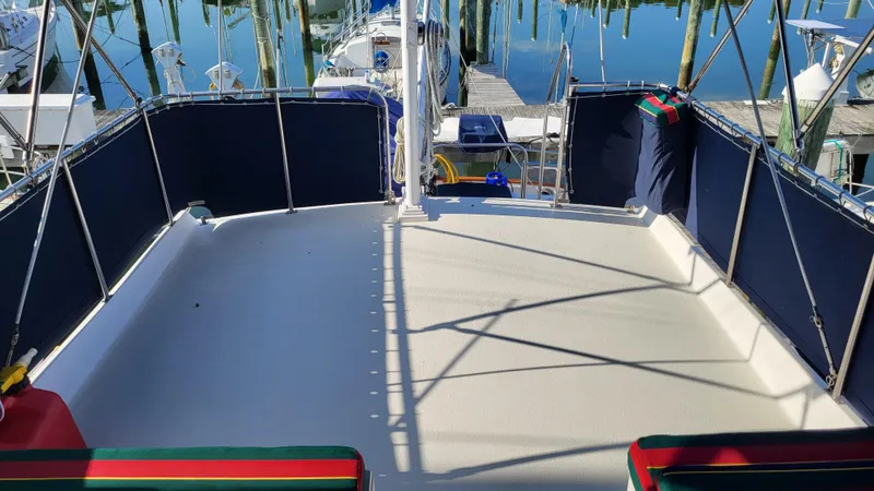 Maia Yacht Photos Pics Spacious deck of 1989 Grand Banks 42 Classic yacht at marina.