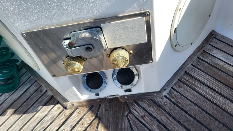 Maia Yacht Photos Pics Close-up of 1989 Grand Banks 42 Classic boat deck fittings and controls.