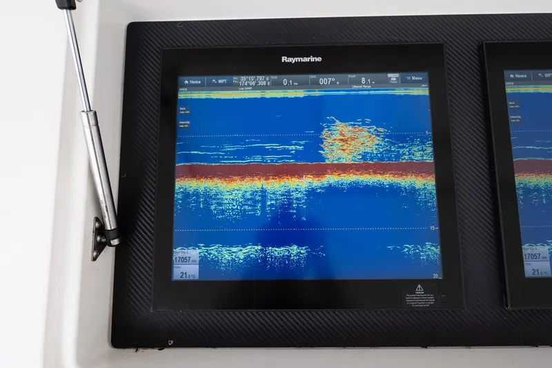 Defiance Yacht Photos Pics Raymarine display on 2007 Viking 64 Convertible, showing sonar data and navigation details.