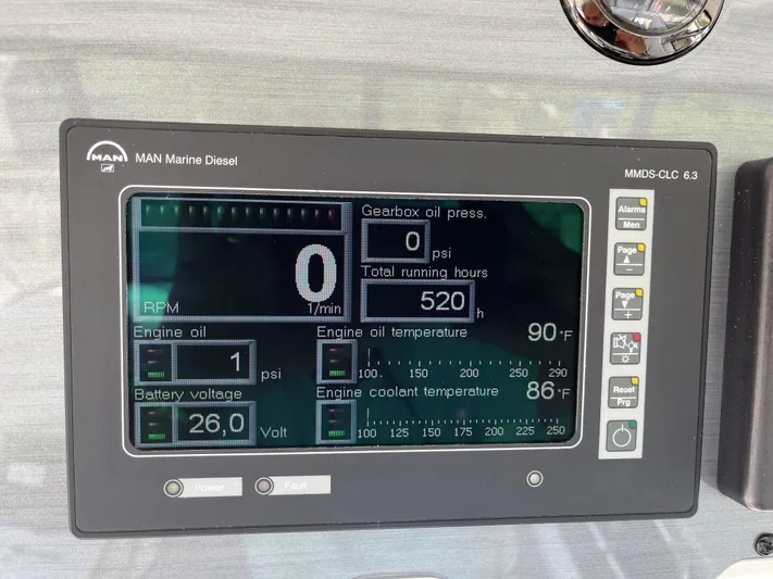  Yacht Photos Pics Display panel of a 2008 Sea Ray 58 Sedan showing engine diagnostics and running hours.