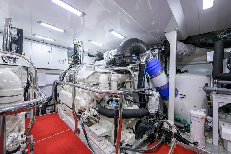 Janie II Yacht Photos Pics Engine room of 2021 Princess Y78 yacht, featuring advanced machinery and sleek design.