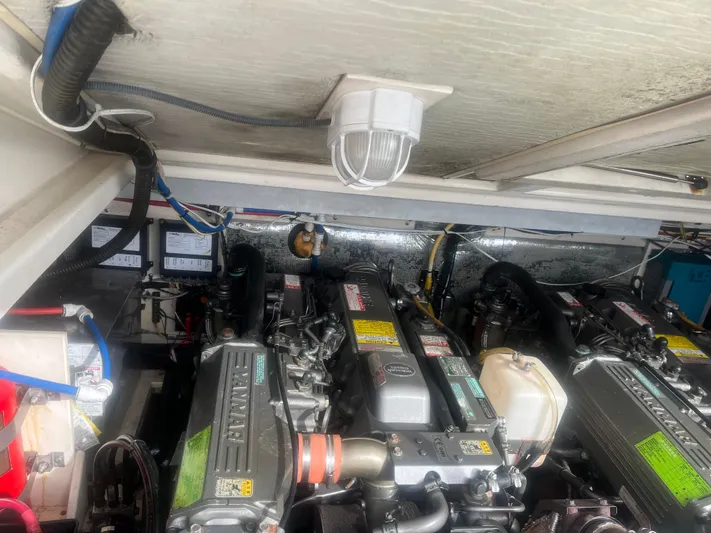  Yacht Photos Pics Engine room of 2008 Rampage 30 Express boat with dual engines and wiring.