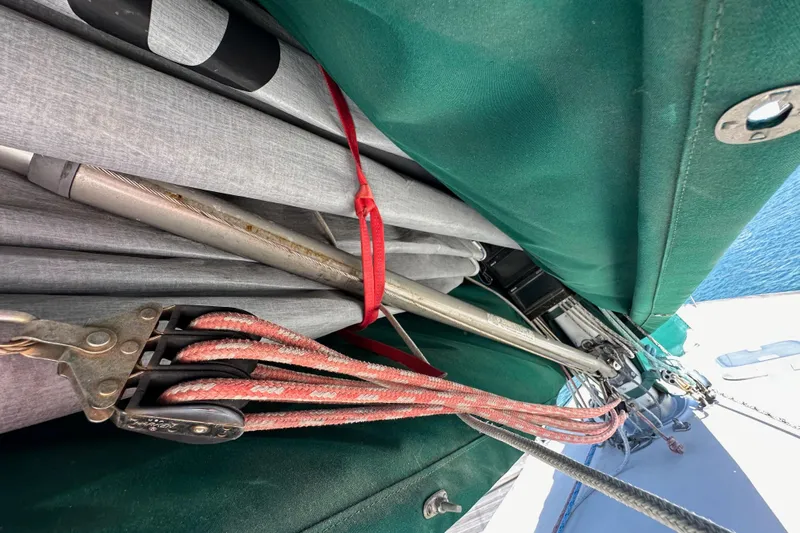 Ma Jolie Yacht Photos Pics Close-up of 1996 J Boats J/120 sailboat rigging and sail cover.