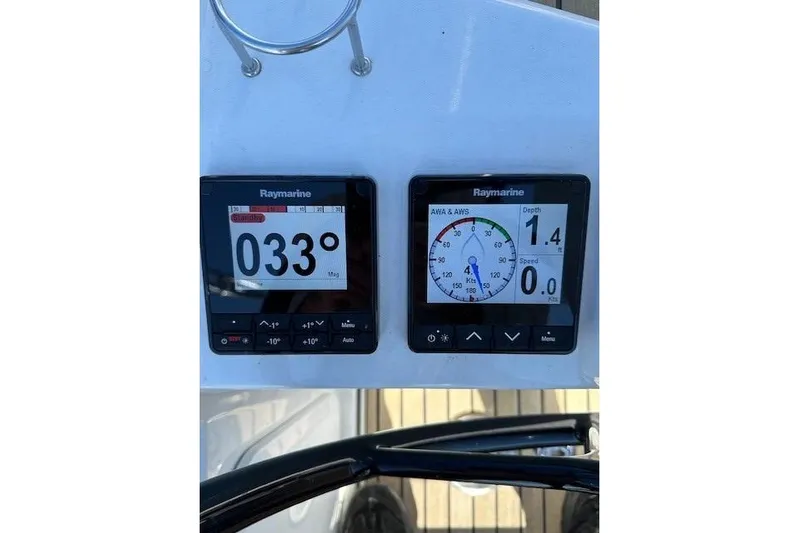 Knotaulis Yacht Photos Pics Raymarine navigation displays on 2023 Beneteau Oceanis 34.1 yacht dashboard.