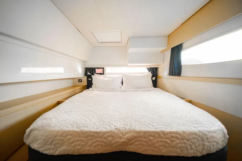 Serenity Yacht Photos Pics Luxurious cabin interior of 2016 Fountaine Pajot SABA 50 yacht with cozy bedding.