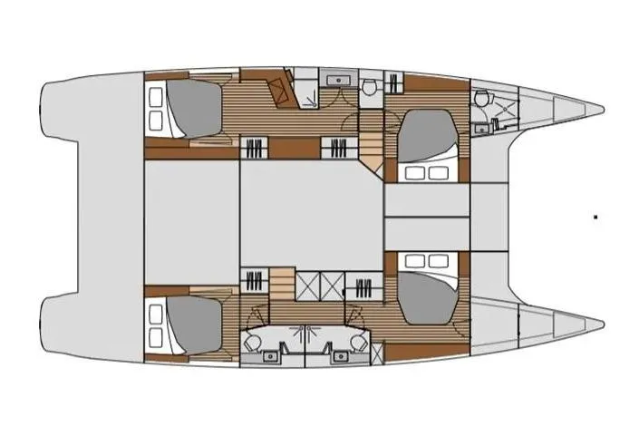 Serenity Yacht Photos Pics Floor plan of a 2016 Fountaine Pajot SABA 50 catamaran, featuring spacious cabins and living areas.