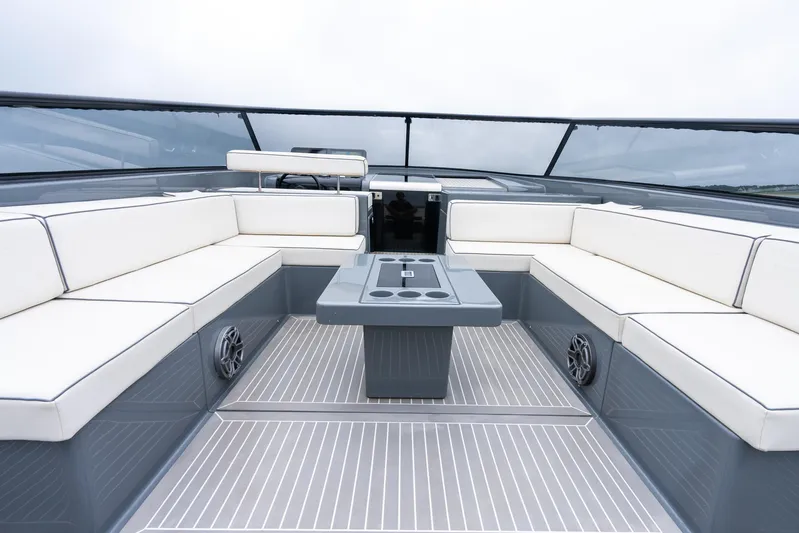 Brix Yacht Photos Pics Luxurious 2023 VanDutch 48 yacht interior with sleek seating and modern design.