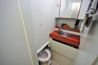 Compact bathroom in 2008 Custom Trimaran Polynésie 42 with sink and toilet.