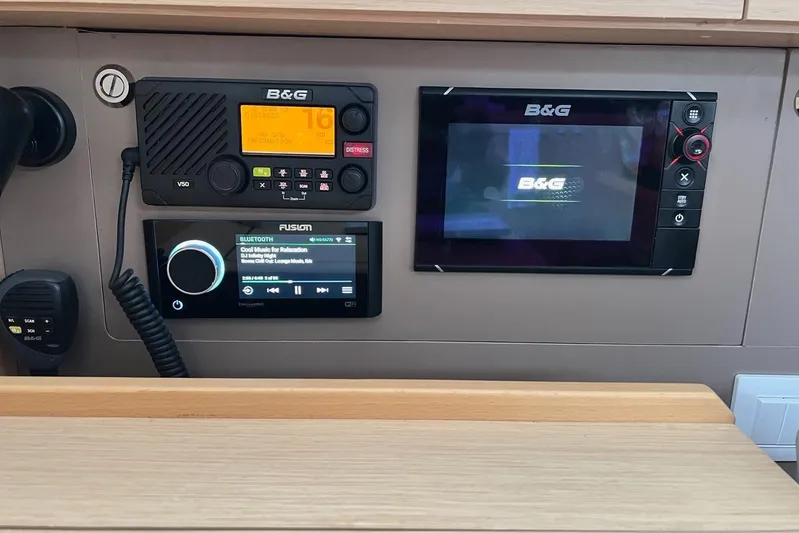 Toofun Yacht Photos Pics Control panel of a 2016 Beneteau Oceanis 38 yacht with B&G and Fusion systems.