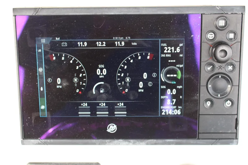  Yacht Photos Pics Dashboard display of a 2020 Boston Whaler 350 Outrage boat, showing engine and fuel data.