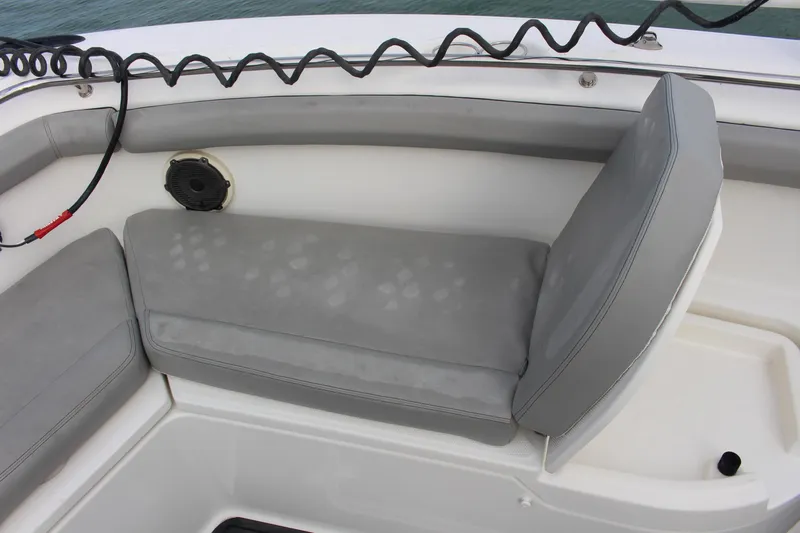  Yacht Photos Pics Boston Whaler 350 Outrage 2020 boat seating with gray cushions and speaker.
