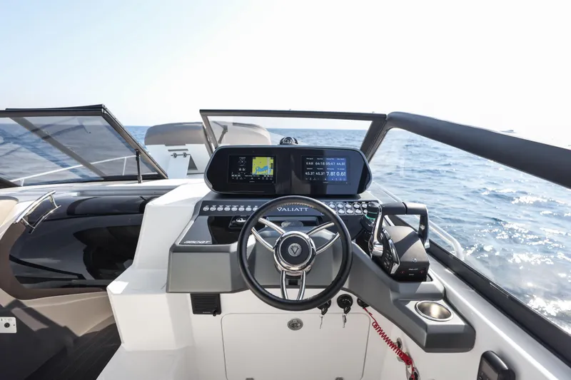  Yacht Photos Pics 2025 Valiatt 350GT boat cockpit with modern navigation system and steering wheel.