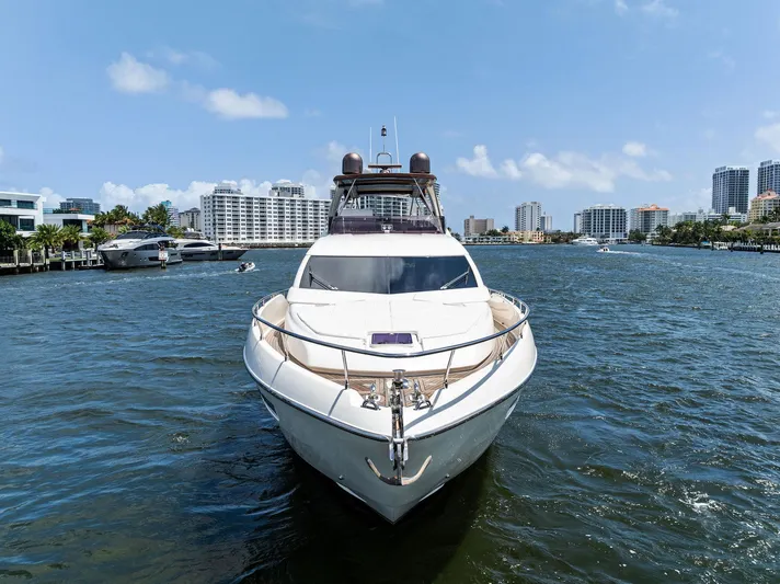 Blue Abalone Yacht Photos Pics 2015 Ferretti Yachts 690 on water, city skyline in background.