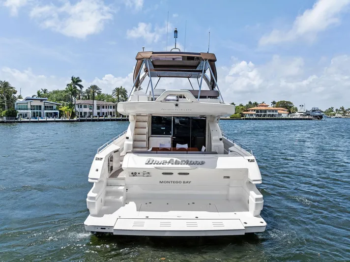 Blue Abalone Yacht Photos Pics 2015 Ferretti Yachts 690 on water, rear view, sunny day, luxury waterfront homes.